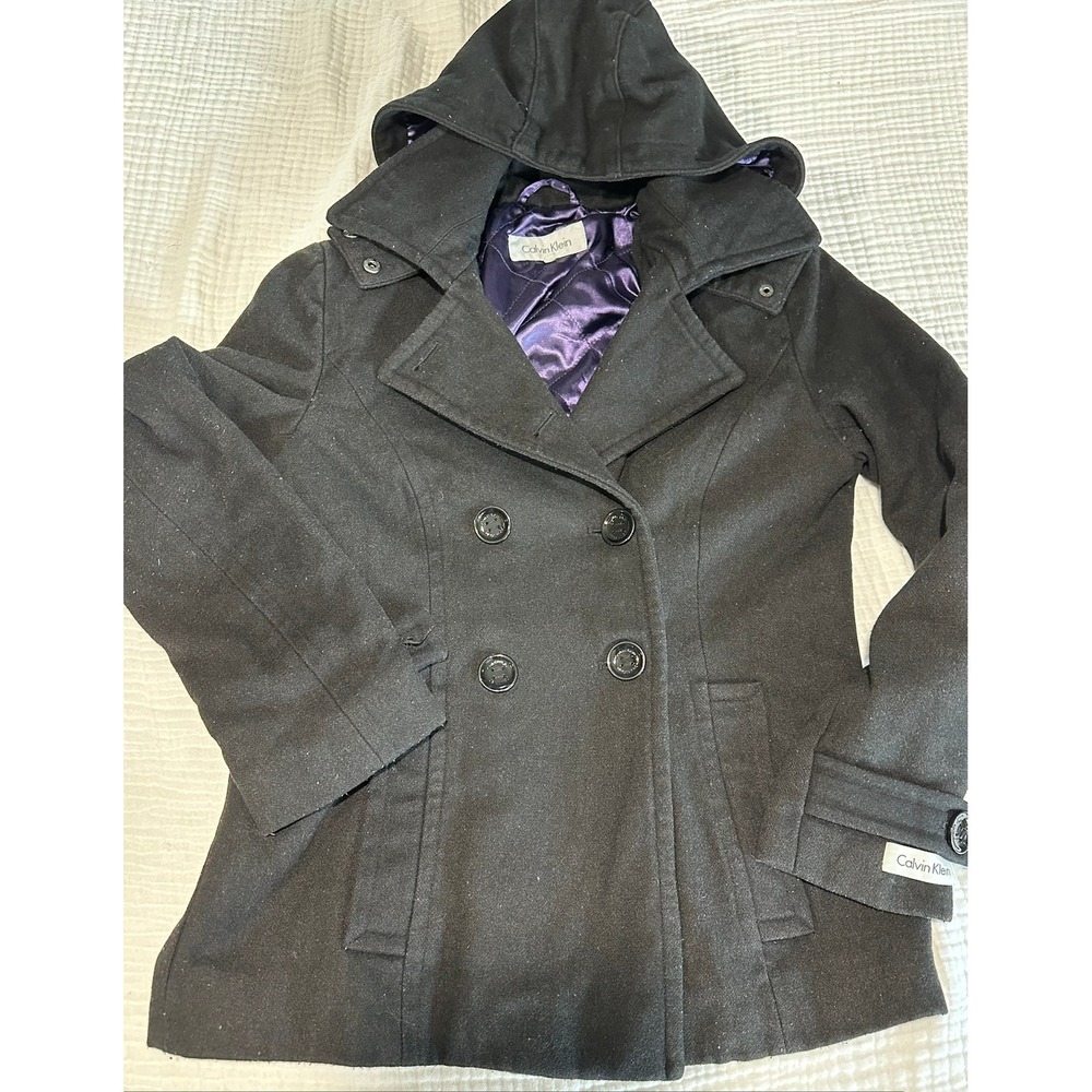 Calvin Klein Kids' Black Wool‎ Blend Hooded Pea Coat Jacket, Size 6